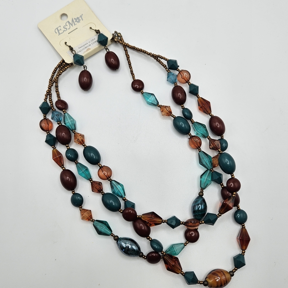 NEW VINTAGE EsMor Brown and Teal Plastic Triple Strand Necklace and Earrings Set